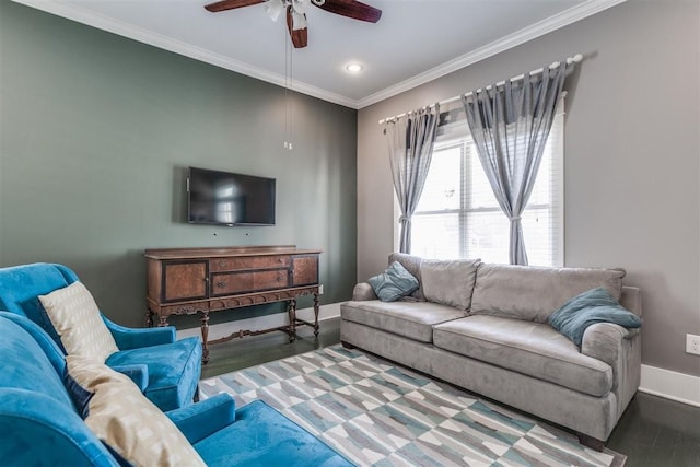 living room with crown molding, hardwood / wood-style flooring, and ceiling fan