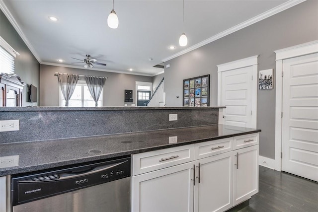 kitchen featuring dishwasher, hanging light fixtures, white cabinets, dark stone counters, and dark hardwood / wood-style floors