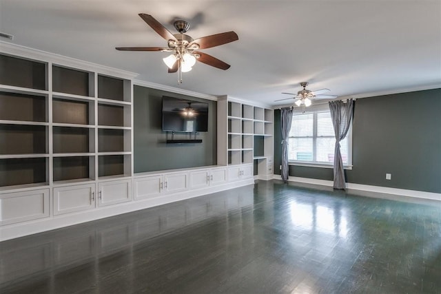 unfurnished living room with ceiling fan, dark hardwood / wood-style floors, and crown molding