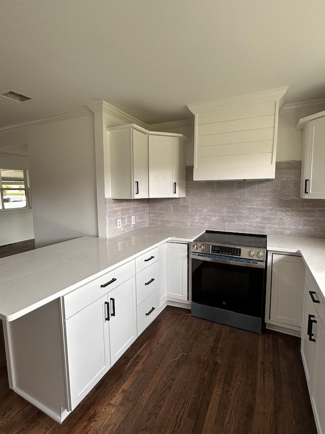 kitchen with tasteful backsplash, white cabinetry, kitchen peninsula, dark hardwood / wood-style floors, and electric stove