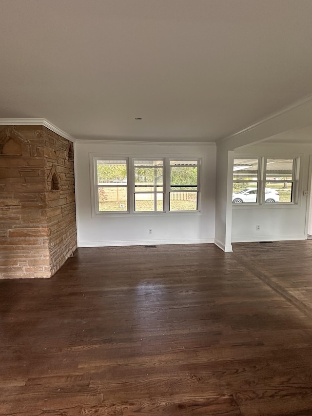 spare room featuring crown molding and dark hardwood / wood-style flooring