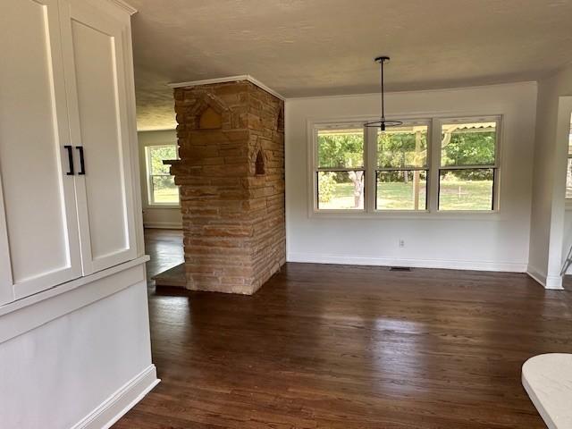 unfurnished dining area featuring dark wood-type flooring