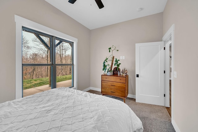 bedroom with ceiling fan and carpet floors