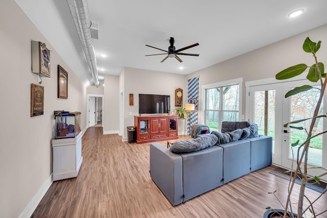 living room with ceiling fan and wood-type flooring