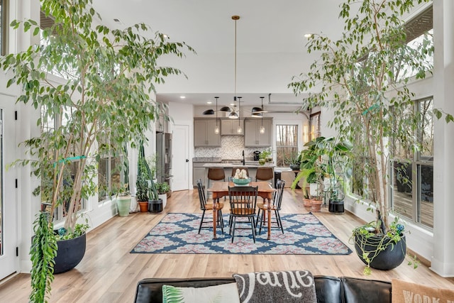 dining area with sink and light hardwood / wood-style flooring