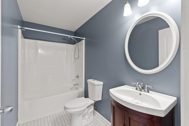 full bathroom featuring tile patterned floors, shower / bath combination, toilet, and vanity