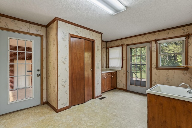 bathroom with sink, a textured ceiling, and ornamental molding