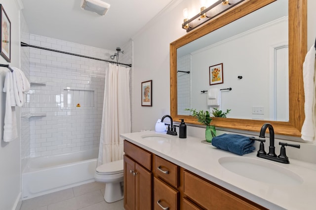 full bathroom featuring crown molding, tile patterned floors, toilet, vanity, and shower / tub combo with curtain