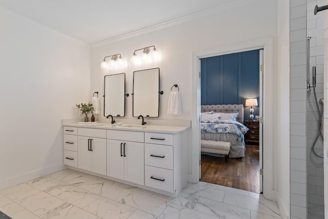 bathroom with vanity, walk in shower, and crown molding