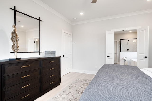 bedroom featuring ornamental molding, ceiling fan, and light wood-type flooring