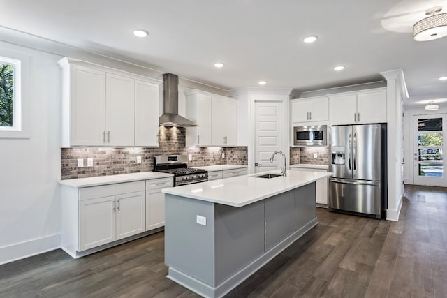 kitchen with appliances with stainless steel finishes, wall chimney range hood, white cabinets, sink, and an island with sink