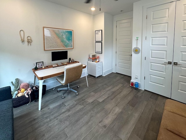 office featuring ceiling fan and dark wood-type flooring