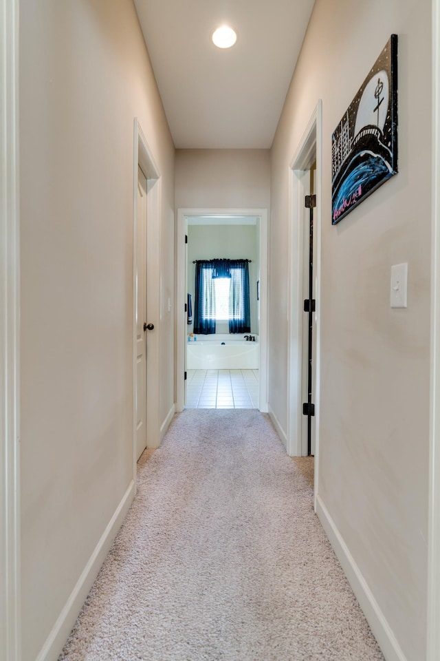 corridor with light colored carpet