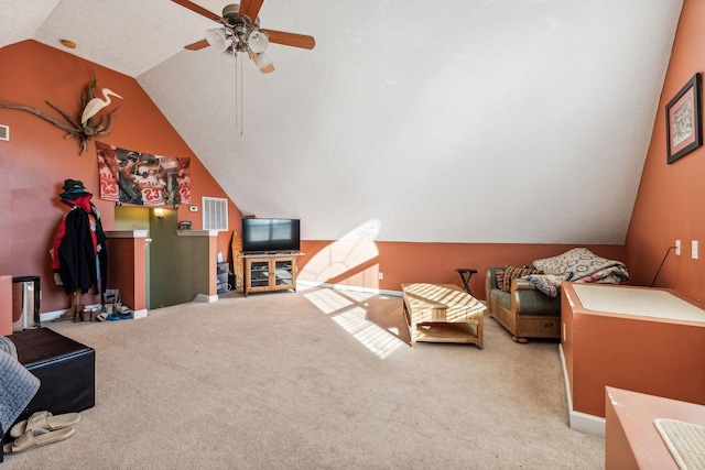 bonus room featuring ceiling fan, light carpet, and lofted ceiling