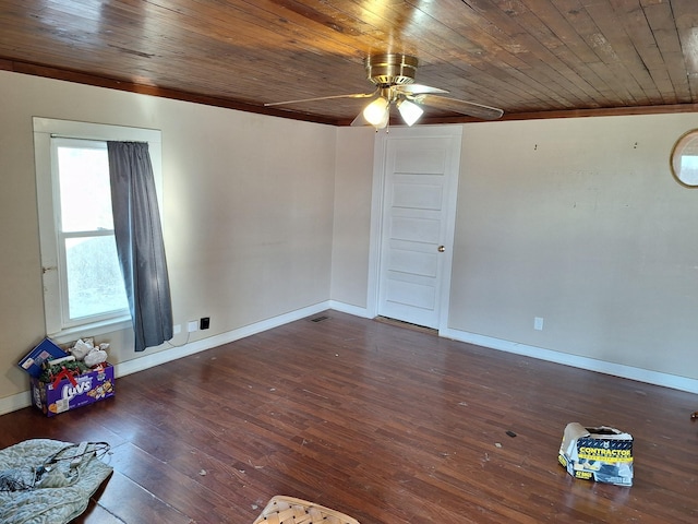 unfurnished room with dark wood-type flooring, plenty of natural light, and wood ceiling