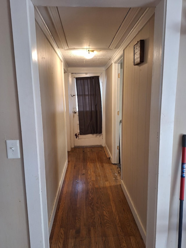 hallway featuring wooden walls, dark hardwood / wood-style floors, and ornamental molding