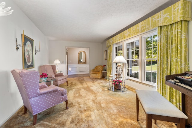 sitting room with a textured ceiling, plenty of natural light, and carpet floors