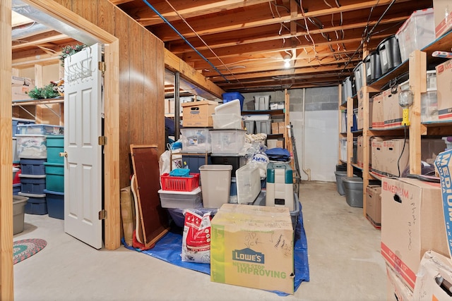 basement featuring wood walls