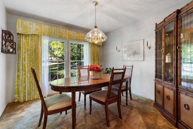 carpeted dining room with a textured ceiling