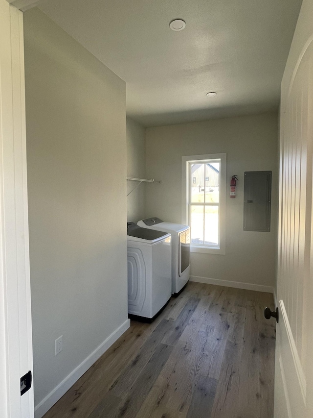 laundry area featuring washer and clothes dryer, hardwood / wood-style floors, and electric panel