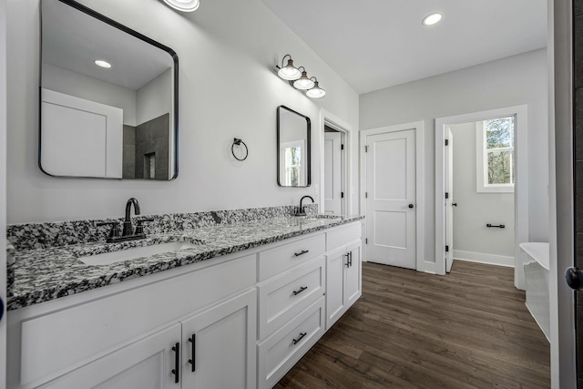 bathroom with hardwood / wood-style flooring and vanity