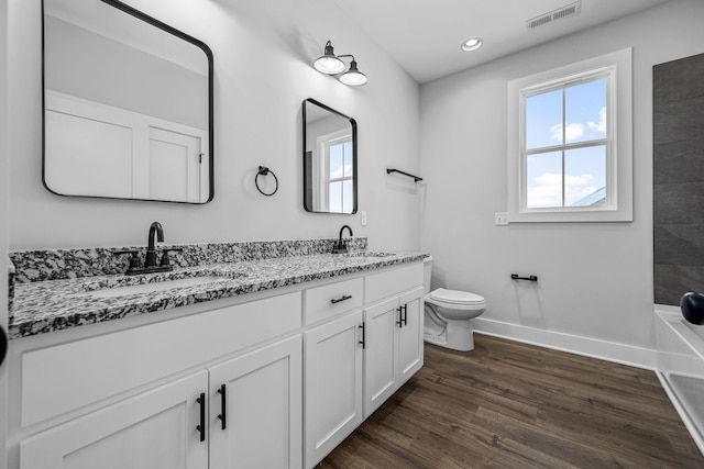 bathroom featuring vanity, toilet, and hardwood / wood-style floors