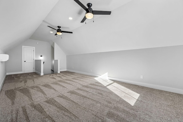 bonus room featuring carpet floors, vaulted ceiling, and ceiling fan