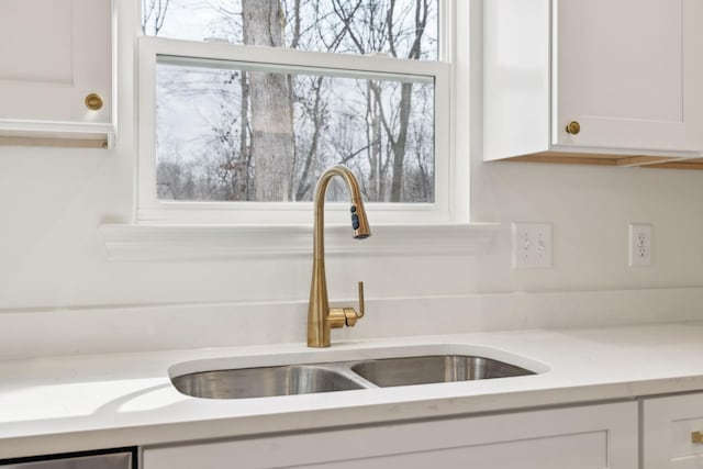 room details featuring sink and white cabinetry