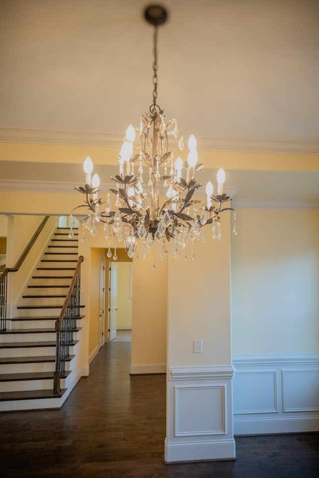 unfurnished dining area with crown molding and dark hardwood / wood-style flooring