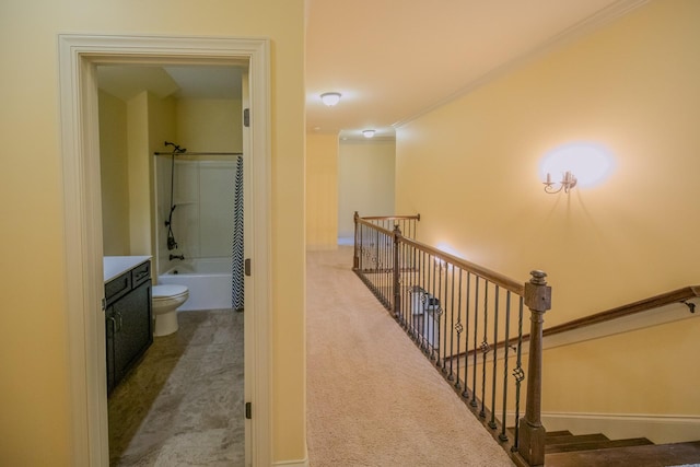 hallway featuring ornamental molding and carpet flooring