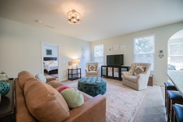 living room with light carpet