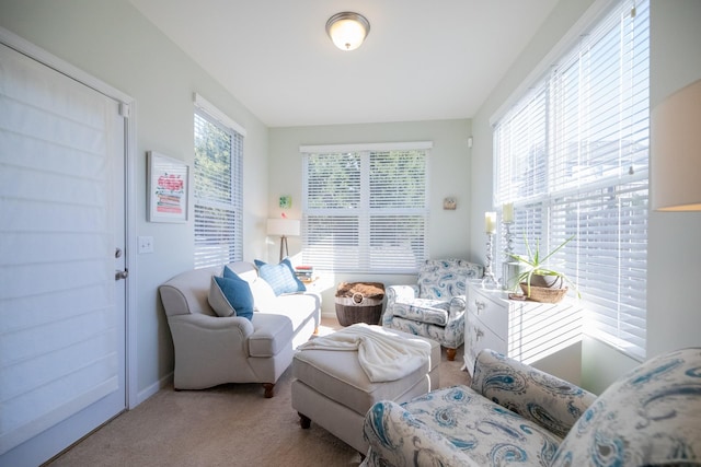 living area featuring light carpet