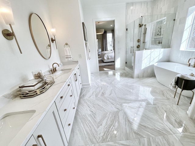 bathroom with a wealth of natural light, vanity, and independent shower and bath