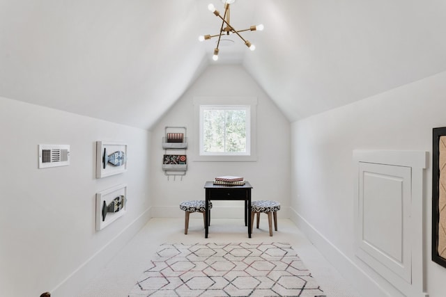 additional living space featuring a chandelier, light carpet, and lofted ceiling