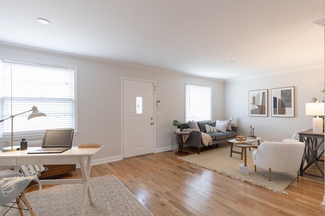 living room with ornamental molding, a healthy amount of sunlight, and light hardwood / wood-style floors