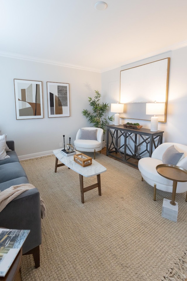 living room featuring crown molding