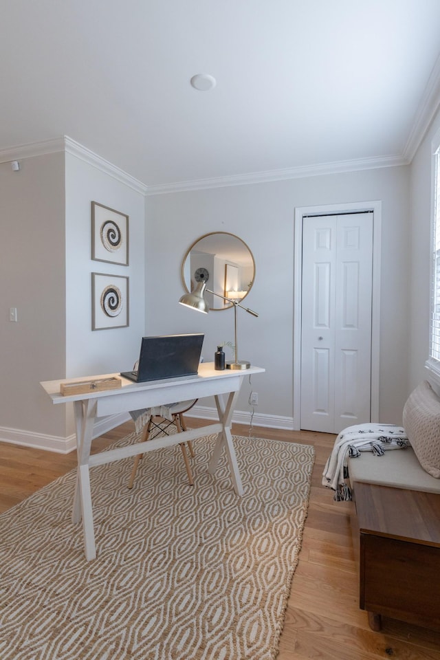 office space featuring ornamental molding and light wood-type flooring