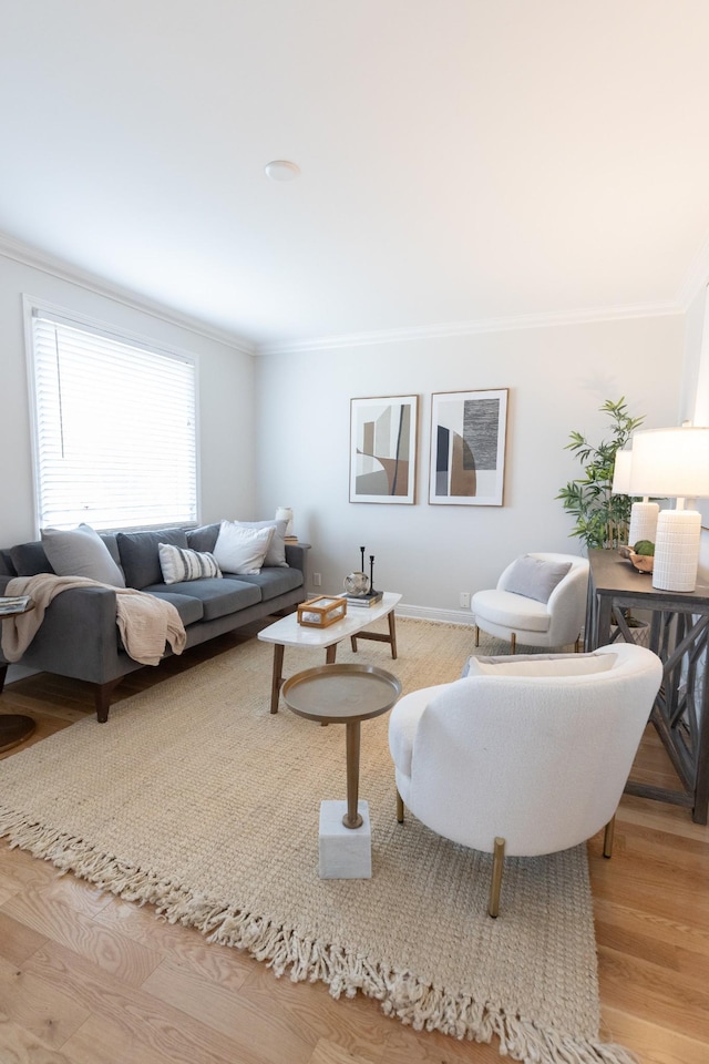 living room with ornamental molding and light wood-type flooring