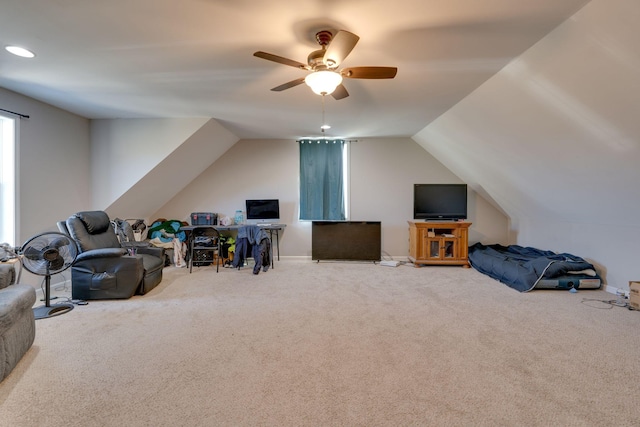 bonus room featuring ceiling fan, carpet flooring, and vaulted ceiling