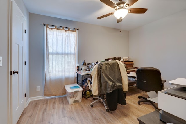 office featuring light hardwood / wood-style floors and ceiling fan