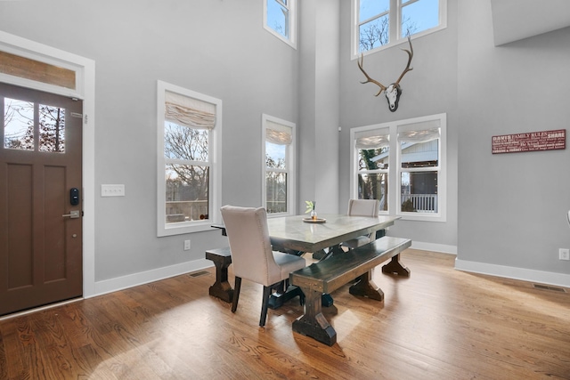 dining room with a wealth of natural light, baseboards, and wood finished floors