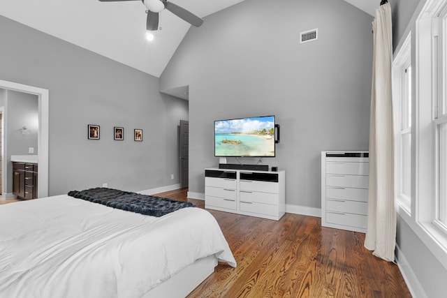 bedroom featuring visible vents, a ceiling fan, wood finished floors, high vaulted ceiling, and baseboards