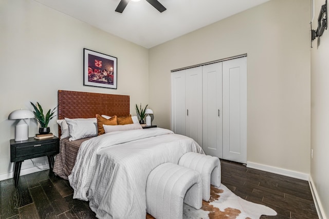 bedroom featuring ceiling fan and a closet