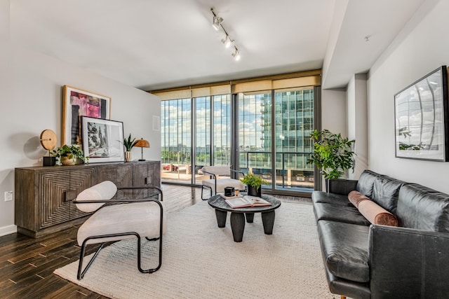 living room with rail lighting and a wall of windows