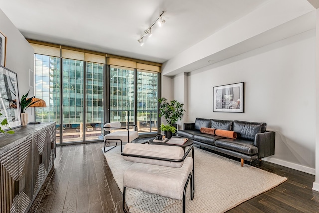 living room featuring track lighting, expansive windows, and dark wood-type flooring