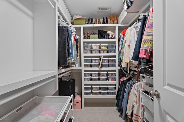 walk in closet with light colored carpet