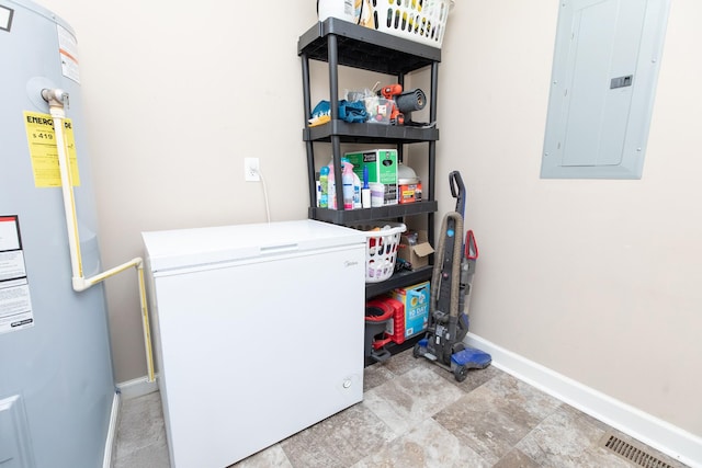 washroom featuring electric panel and water heater