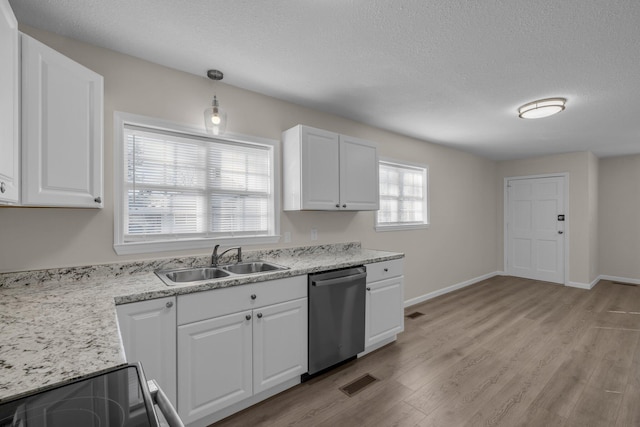 kitchen featuring appliances with stainless steel finishes, sink, decorative light fixtures, white cabinets, and a healthy amount of sunlight