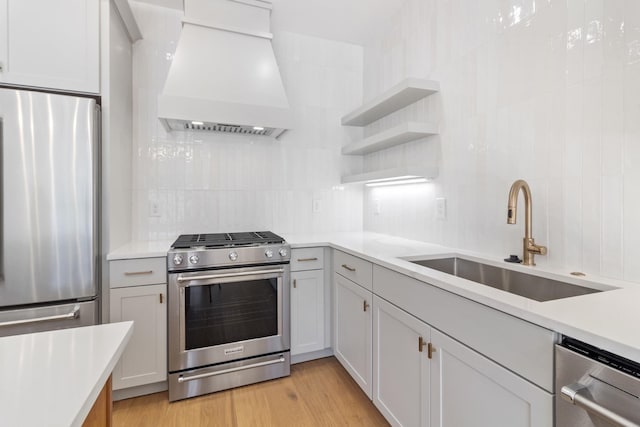 kitchen with appliances with stainless steel finishes, custom exhaust hood, sink, light hardwood / wood-style floors, and decorative backsplash