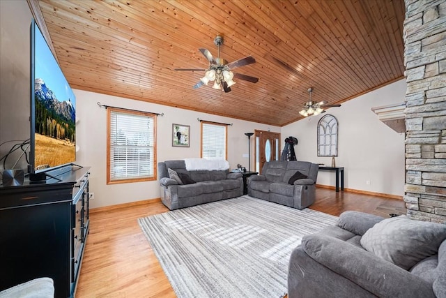 living room featuring ceiling fan, wooden ceiling, light hardwood / wood-style flooring, and lofted ceiling